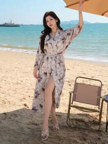 DAZY Kimono ampio a fantasia floreale da donna, copricostume, abbigliamento da resort, adatto per vacanze estive al mare - Multicolore - Visualizzare 2