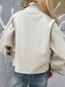 FRIFUL Women's Loose Fit Apricot Bomber Jacket, Color Block Sportswear, Spring Season - Apricot - View 5