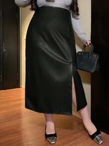 Dazy Plus Solid Color PU Leather Fitted Mid-Length Side Slit Skirt, Year-Round - Black - View 7