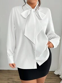 Elenzga 大码纯色时尚休闲蝴蝶结长袖基本款衬衫，春秋 - 白色 - 查看 3