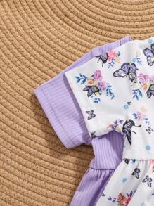 2pcs/Set Baby Girls Casual Loose Soft Solid Color & Butterfly Floral Print Purple Short Sleeve Dress 2 Pieces Set, High Cost-Effective, Suitable For Spring Summer Vacation And Outings