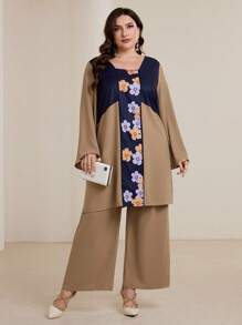 Lacomfia 2pcs/Set Plus Size Contrast Color Floral Print Flare Sleeve Top And Wide Leg Pants Modest - Multicolor - View 7