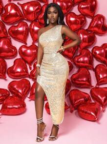 BamGleam 无袖闪亮褶饰不对称下摆连衣裙 - 香檳色 - 查看 5