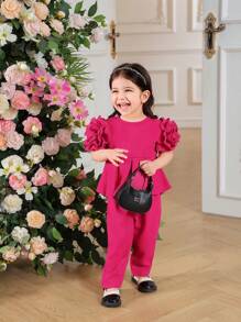 Baby Girl Fuchsia Embroidered Puff Sleeve Top Paired With Pants, Suitable For Outings - Hot Pink - View 4