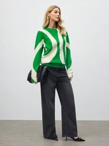 BizChic Green Jacquard Knitted Sweater Top, Office Lady Style, New Year Party, Valentine's Day Date , Spring/Summer - Green - View 4