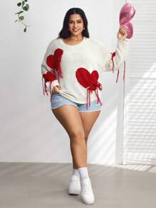 SHEIN CURVE+ Curve Plus Love Tassel Long Sleeved Heart Detail Sweater Pullover Party, Valentine's Day, Romantic Valentine's Day