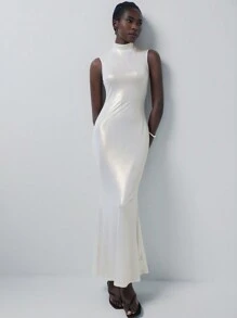 GENKIRA Minimalist Sexy Mermaid Shiny Collared Waisted Bodycon Fish Tail Dress For Women, Sleeveless - White - View 1