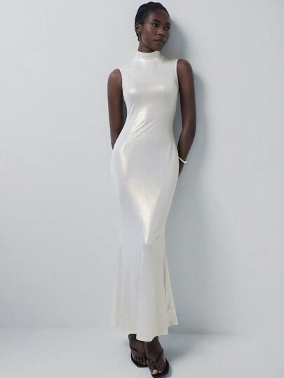 GENKIRA Minimalist Sexy Mermaid Shiny Collared Waisted Bodycon Fish Tail Dress For Women, Sleeveless