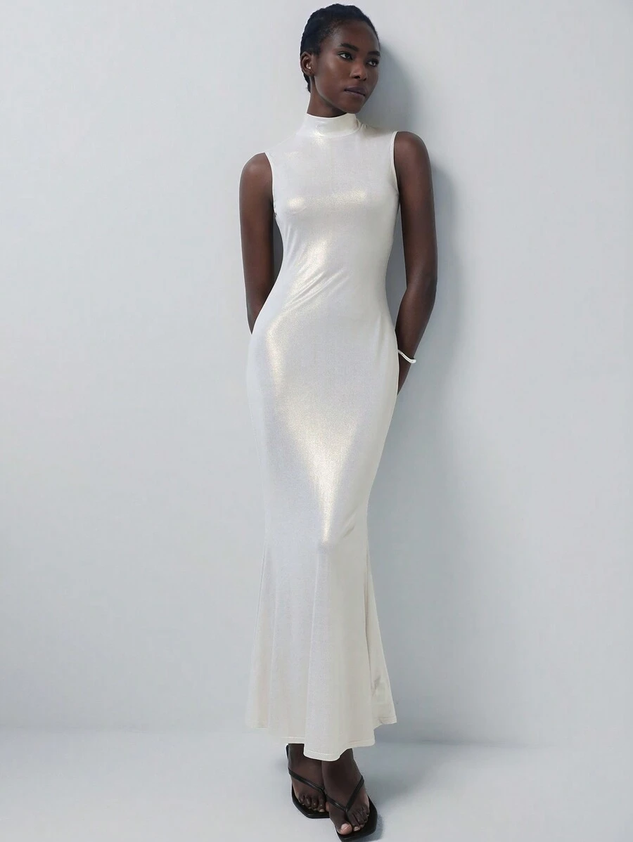 GENKIRA Minimalist Sexy Mermaid Shiny Collared Waisted Bodycon Fish Tail Dress For Women, Sleeveless - White - View 1