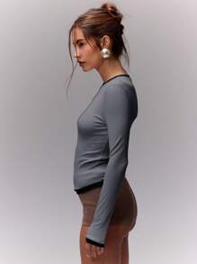 MUSERA Top a maniche lunghe aderente con bordi a contrasto