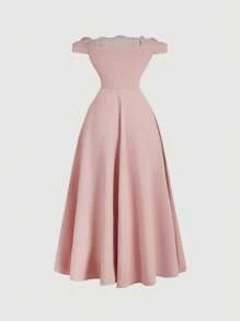 SHEIN MOD Off-The-Shoulder 3D Floral Waist Flared Pink Dress - Pink - View 2