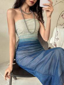 EastFlair 女士渐变色褶饰紧身长裙