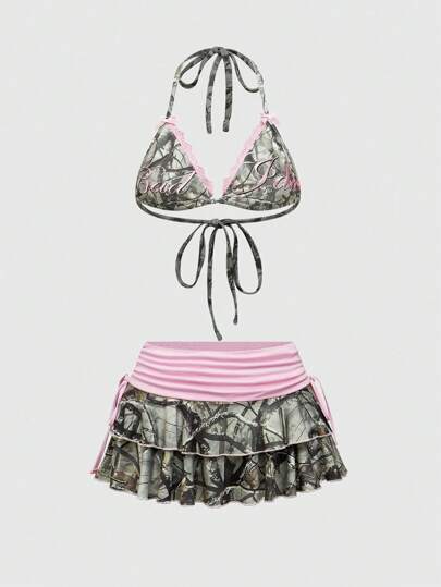 Kawaii Y2K Sexy Floral Lace & Camouflage Allover Print Color Block Bikini 2 Pieces Set