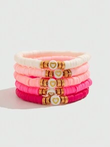 ROMWE Kawaii Set 5 Gelang Tanah Liat Polimer Merah Muda Sederhana Romantis, Hadiah Liburan untuk Keluarga dan Teman di Hari Valentine - MultiWarna - View 2