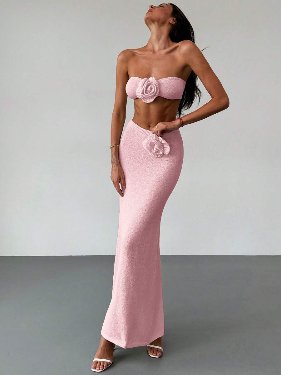 Aloruh Apricot Beach Resort Romantische Date Tube Top Met 3D Bloemen Stropdas + Lage Taille Maxi Lengte 3D Bloemen Rok 2-delige Set Voor Vrouwen