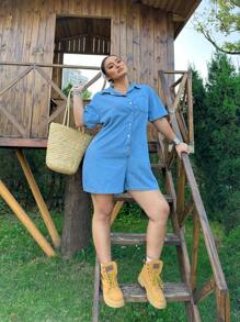 SHEIN EZwear Plus Size Denim Jumpsuit, Casual Short Sleeve Romper, Blue