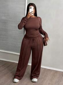Slaydiva Bộ đồ nữ 2 món: Quần thể thao ống đứng màu nâu có dây rút + Áo thun dài tay cổ bẻ màu trơn, thích hợp cho mùa Thu/Đông. - màu nâu - Xem 2