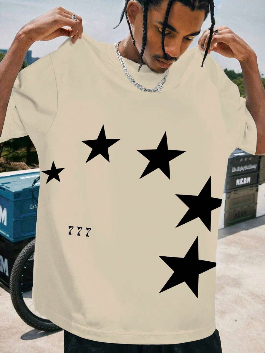 Manfinity Dauomo 男士休闲圆领短袖五角星印花 T 恤 - 彩色 - 查看 1