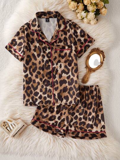 女孩豹纹拼色仿丝女孩和青少年睡衣套装