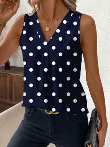 SHEIN Clasi 合身女士休闲波尔卡圆点 V 领背心，适合春夏季 - 藏蓝色 - 查看 5