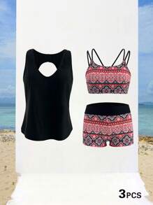 Swim Lushoire Sommar Dam Paisley Print Byst Stöd Spaghetti Strap Tankini 3-delad Set, Vacation Casual - Multifärgad - Visa 1