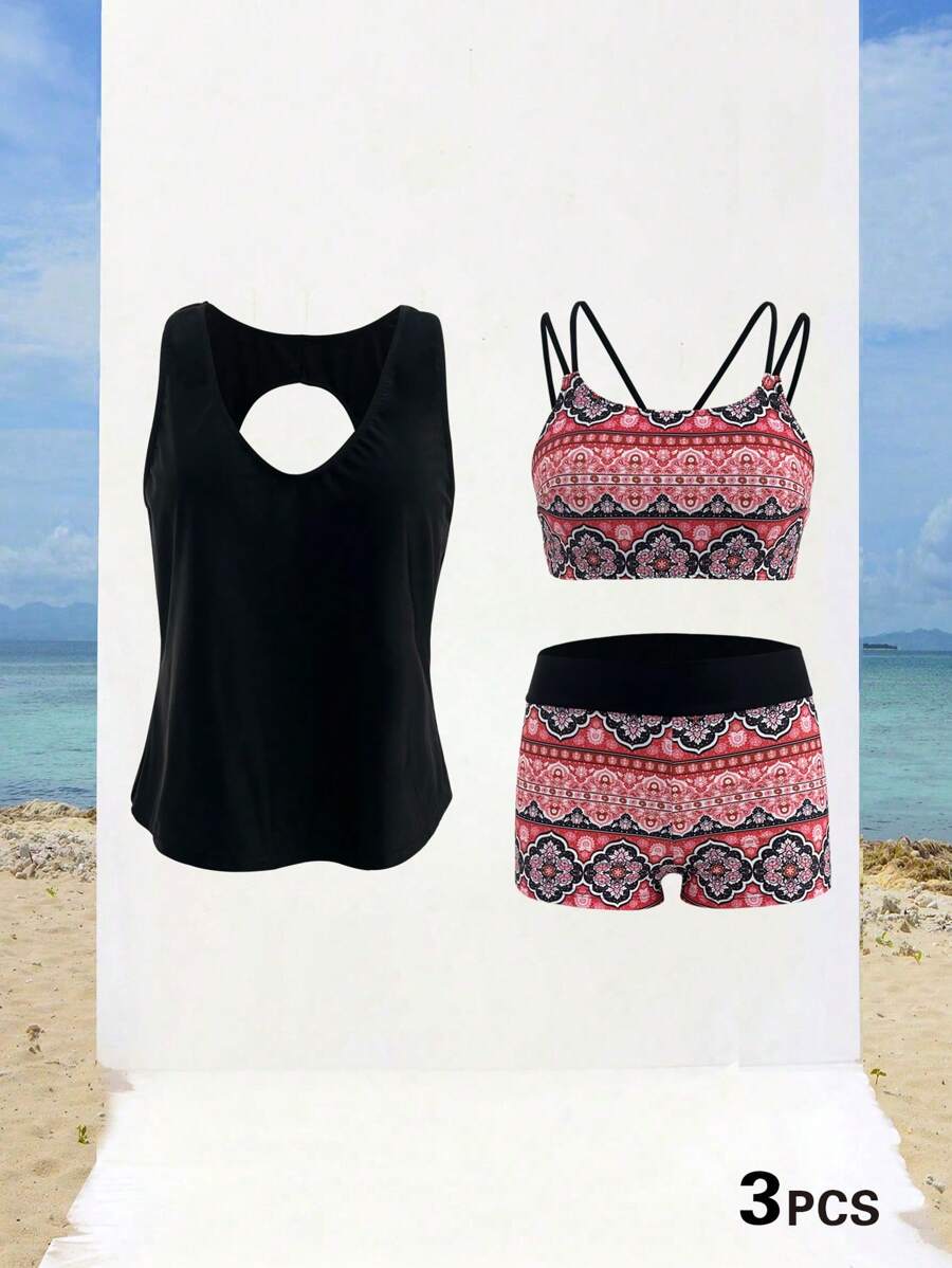 Swim Lushoire Sommar Dam Paisley Print Byst Stöd Spaghetti Strap Tankini 3-delad Set, Vacation Casual - Multifärgad - Visa 1