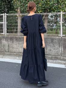 FRIFUL 女式长款深色水洗泡泡袖牛仔连衣裙，秋季服装 - 深色水洗藍 - 查看 5