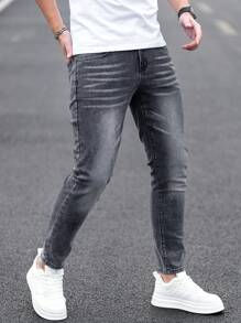 Manfinity Homme Men's Casual Denim Skinny Jeans, Simple Fashion Daily Wear - Light Grey - View 5