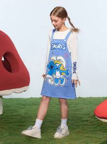 SHEIN X The Smurfs 2pcs/Set Tween Girl Cartoon Graphic White Casual Long Sleeve T-Shirt & Blue Cute Suspender Dress - Blue - View 4