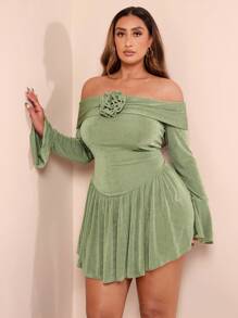 SHEIN BAE Đầm dự tiệc cocktail mini nữ dáng suông màu xanh lá nhạt, màu hồ trăn, xanh lá cây xô thơm, tay dài trễ vai, viền bèo nhún 3D, trang trí hoa, thích hợp cho tiệc cocktail, hẹn hò lãng mạn, tụ tập, sự kiện trang trọng, đi chơi đêm, váy dự tiệc cưới - màu xanh lá - Xem 4