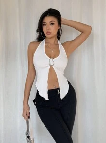 Chiquease 1pc Women's Solid Color Racer Back, Turtleneck, Slit Slim Fit Tank Top With Metal Hardware - White - View 6