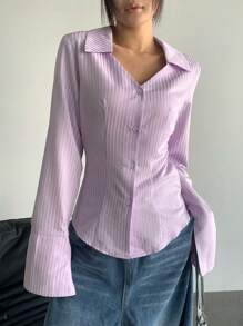 Flirla Women Front Button Long Sleeve Striped Casual Shirt, Everyday Wear Fall Cloth For Women - Purple - View 6
