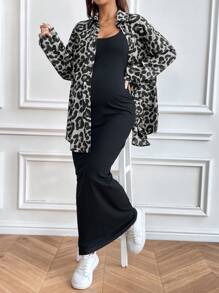 SHEIN 2 Pieces Maternity Outfit Set: Leopard Print Button-Down Shirt And Black Dress For Stylish Pregnancy - Grey - View 2