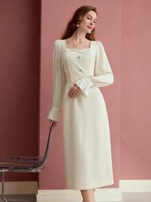 MOTF PREMIUM VESTIDO CON BOTONES Y MANGAS ACAMPANADAS - Albaricoque - Ver 3