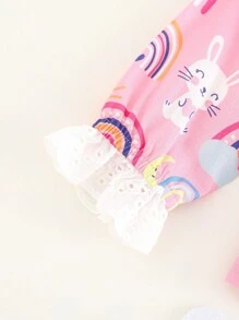 SHEIN 2pcs Baby Girl Cartoon Rabbit Print Round Neck Ruffle Trim Long Sleeve Shirt And Elastic Waist Ankle Banded Pants Pajamas Set - Pink - View 7