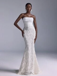 SHEIN Belle 简约白色蕾丝性感紧身美人鱼长裙，婚礼宾客礼服，适合晚会、活动和正式晚宴的女士礼服，礼服