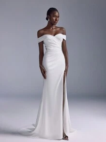 Elitara Elegant Luxurious Champagne Lace Embroidery Off Shoulder Stretch Knit Ruched High Slit Fishtail Dress With Train, Suitable For Wedding, Party, Vacation And Bridal Gown,Bride