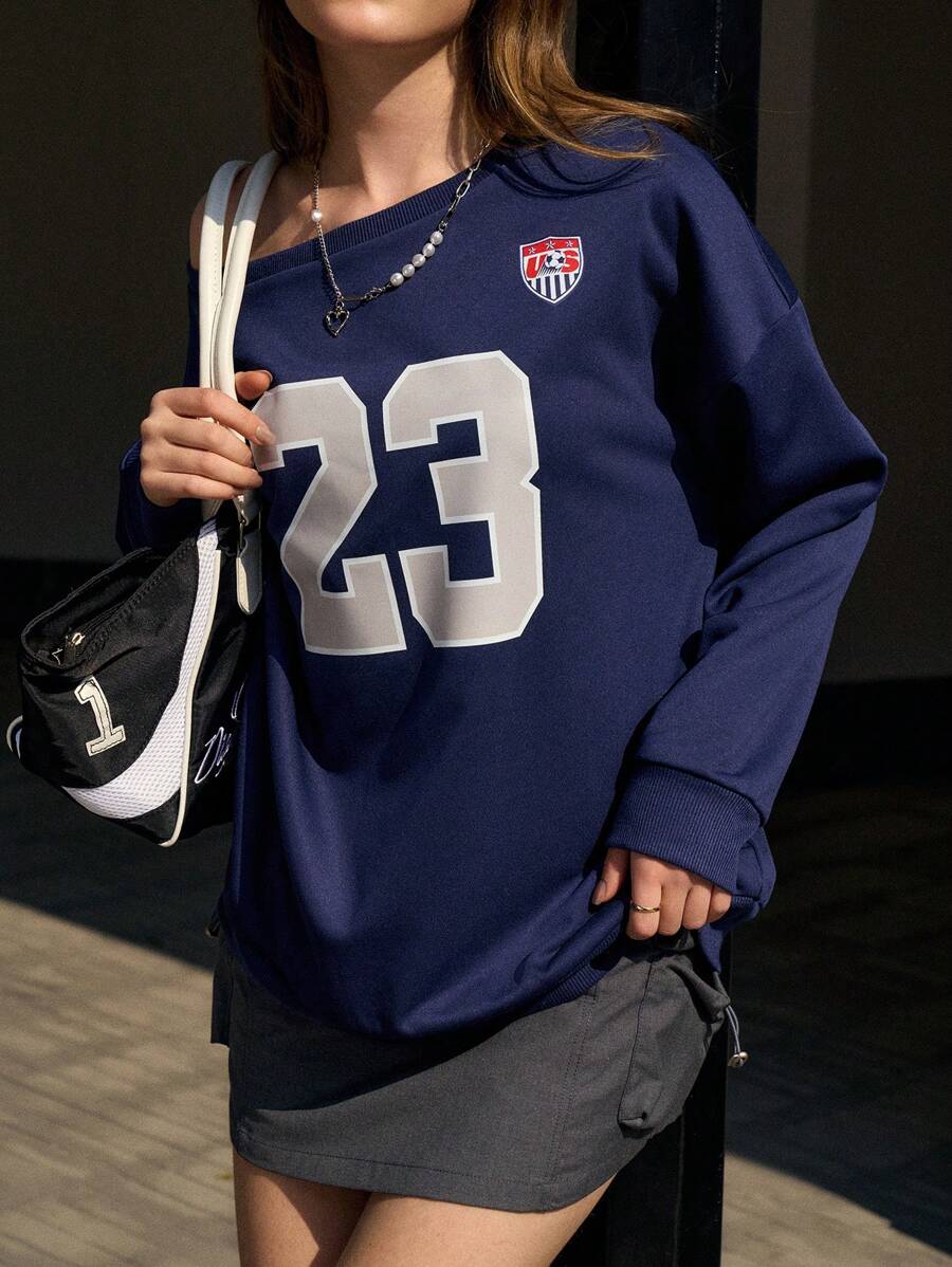 Jouncy Women's Asymmetrical Collar Long Sleeve Sweatshirt With Digit Print, Autumn/Winter Pullover Fall Sweatshirt