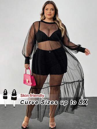 SHEIN CURVE+ Plus Size Sheer Dot Mesh Loose A-Line Dress In Black,Valentine's Day,Party,Valentines,Rose,Heart,Polka Dot,Love,Lip,Cupid,3D Flower