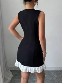 Rafferiza Vestido corto de tirantes negro y blanco ajustado, casual y versátil, con decoración floral y bajo con volantes para mujeres