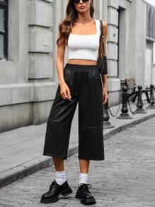 弹力腰部 PU 皮 3/4 裤，新款夏季薄款时尚百搭黑色简约宽松阔腿裤 - 黑色 - 查看 6