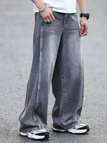 Claim Dot Men's Casual Loose Fit Straight Leg Jeans With Pockets, Everyday Wear - Grey - View 5