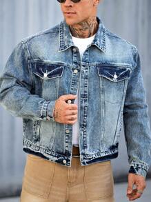 Manfinity Homme Men's Casual Turn-Down Collar Washed Denim Jacket - Light Wash - View 6