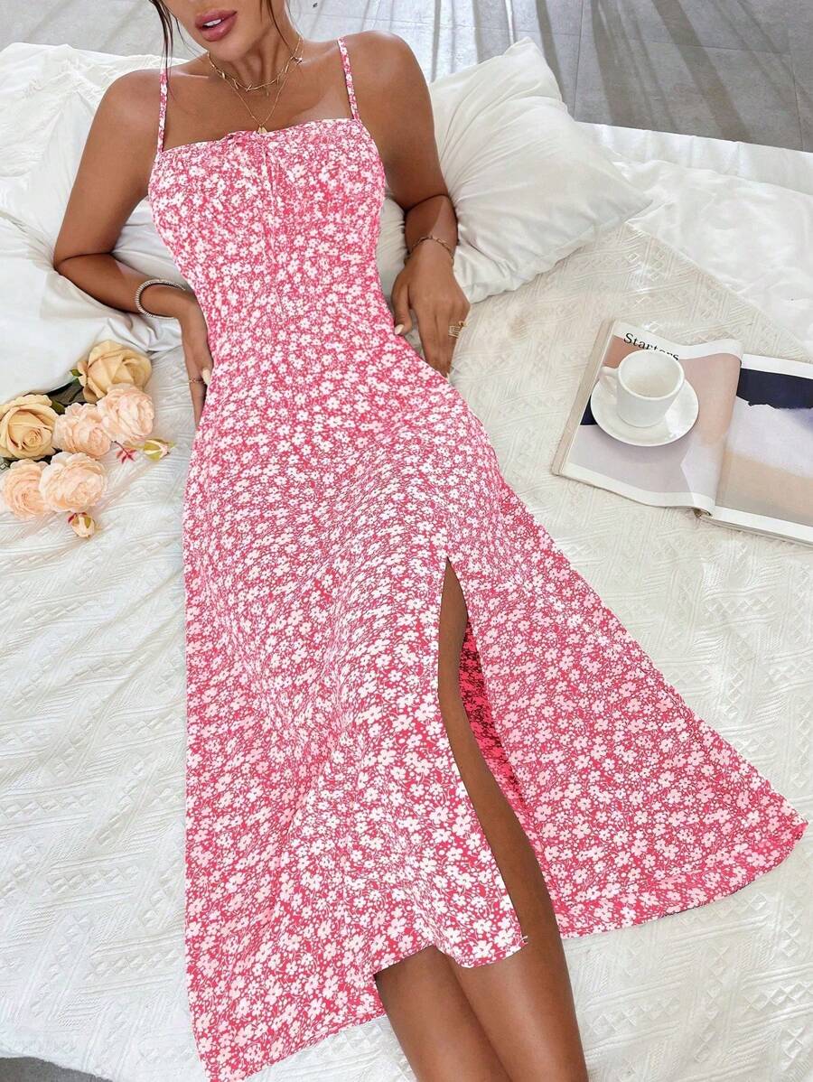 Breezaya 碎花印花开叉吊带连衣裙 长款女装 - 粉色 - 查看 1