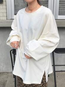 FRIFUL Camiseta básica larga de manga larga con cuello redondo, bajo dividido y corte oversize en color blanco, para primavera