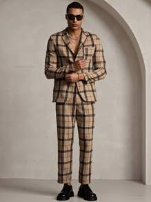 Mainfolk 2pcs Men Casual Woven Long Sleeve Jacket And Elastic Waist Straight Pants Set - Khaki - View 1