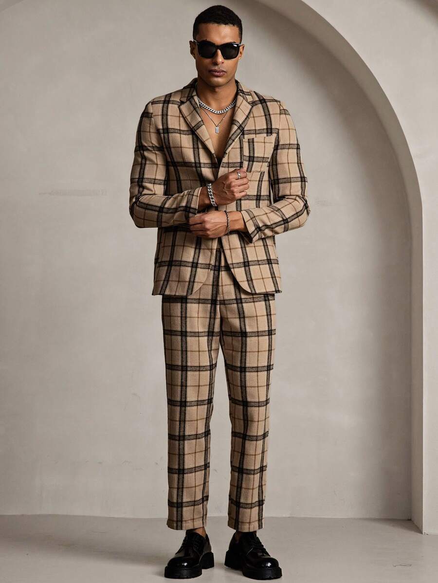 Mainfolk 2pcs Men Casual Woven Long Sleeve Jacket And Elastic Waist Straight Pants Set - Khaki - View 1