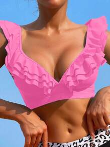 SHEIN Swim 2025 情人节海滩夏季简约休闲粉色比基尼泳装上衣，适合日常穿着 - 粉色 - 查看 3