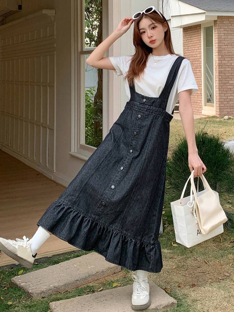 Women's Casual Denim Overall Skirt, Simple And Stylish For Daily Wear,Ruffle Jeans Skirt