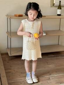 DAZY Young Girl Solid Color Button Front Sleeveless Minimalist Casual Sweater Dress,Girls Summer Outfits - White - View 2